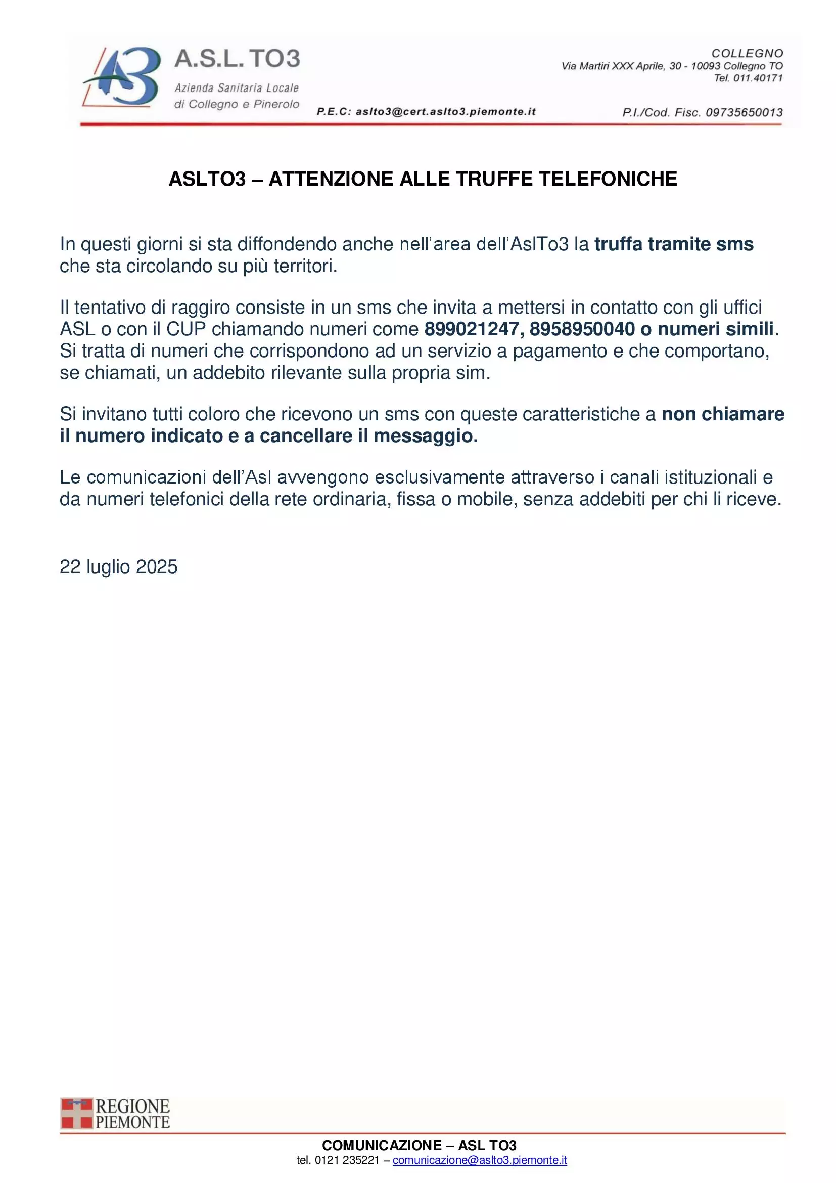 Truffa telefonica ASL
